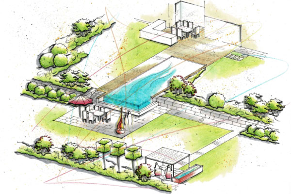 Terrasse mit Kebony Holz und Betonsteineinfassung